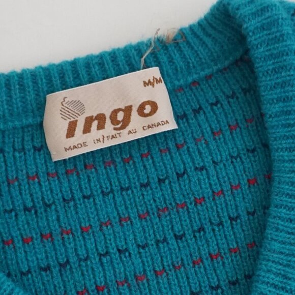 Vintage '90S Ingo Teal Green 100% Wool Eclectic Grandpa V-Neck  Sweater Medium - Picture 9 of 10